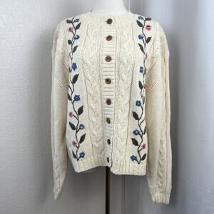 VTG Cable Knit Sweater Womens Large Cream Floral Cardigan Cottagecore Coquette